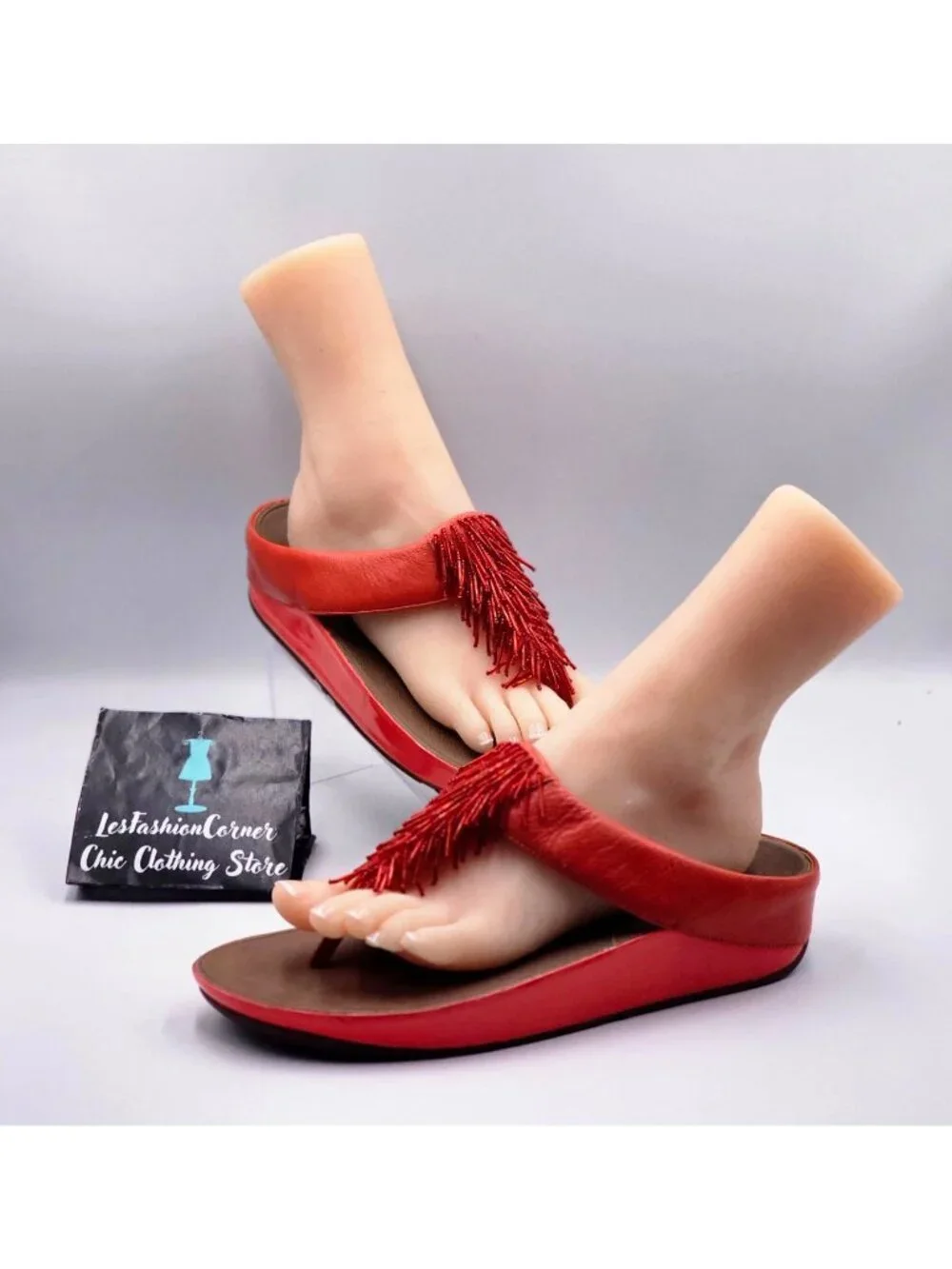 FitFlop Women's Orange Leather Cha Cha Beaded Fringe Thong Sandals Size 10 3341 - Picture 9 of 16